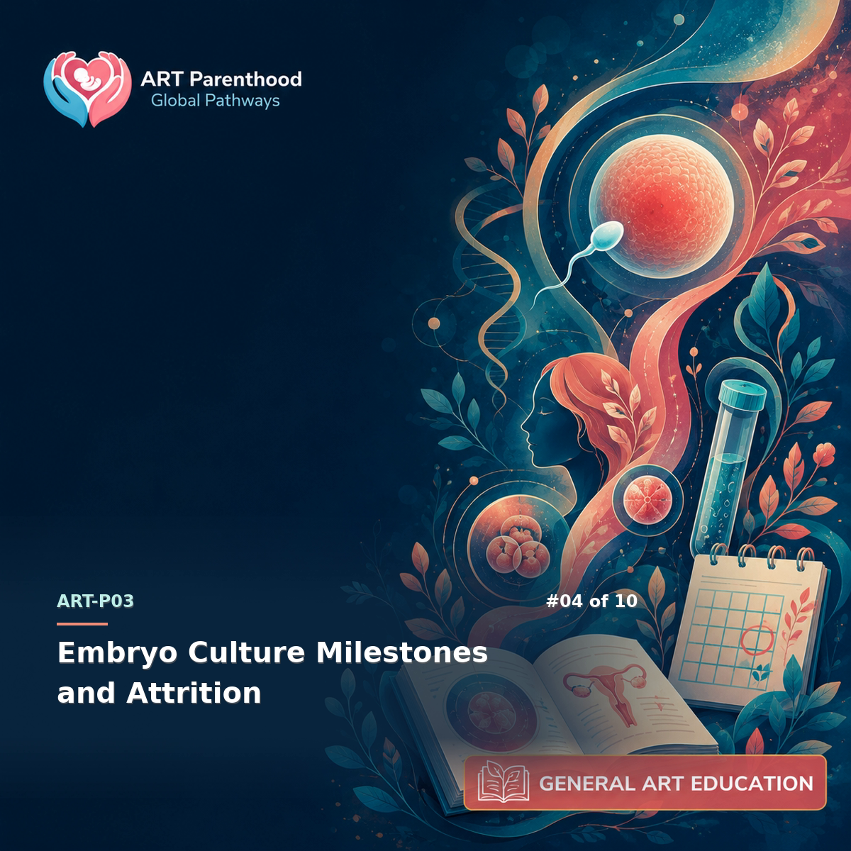 General ART Education education card for ART-LP03-04: Embryo Culture Milestones and Attrition.