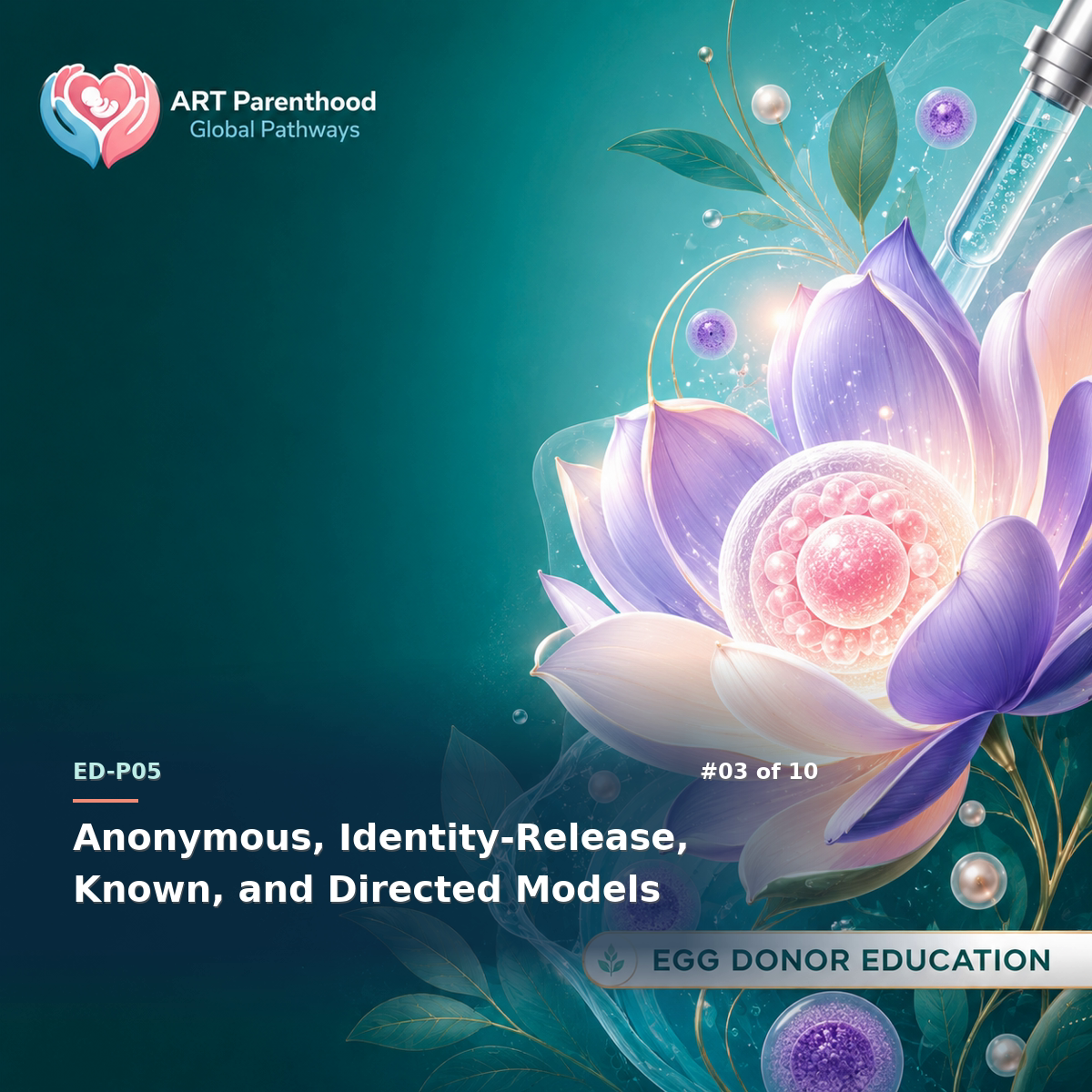 Egg Donors education card for ED-LP05-03: Anonymous, Identity-Release, Known, and Directed Models.