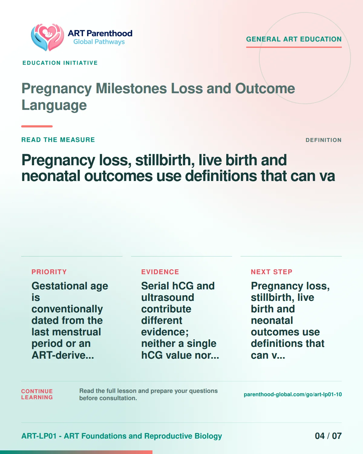Slide 4 of ART-LP01-10 uses an accessible scientific illustration to explain pregnancy milestones, loss and outcome language without implying a personal diagnosis.