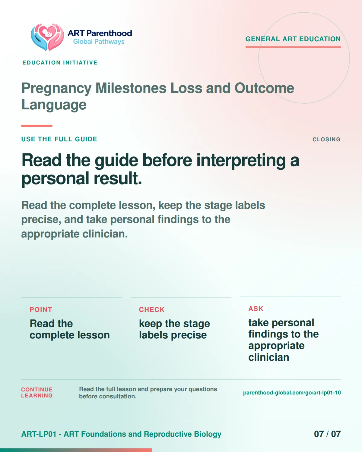 Slide 7 of ART-LP01-10 uses an accessible scientific illustration to explain pregnancy milestones, loss and outcome language without implying a personal diagnosis.