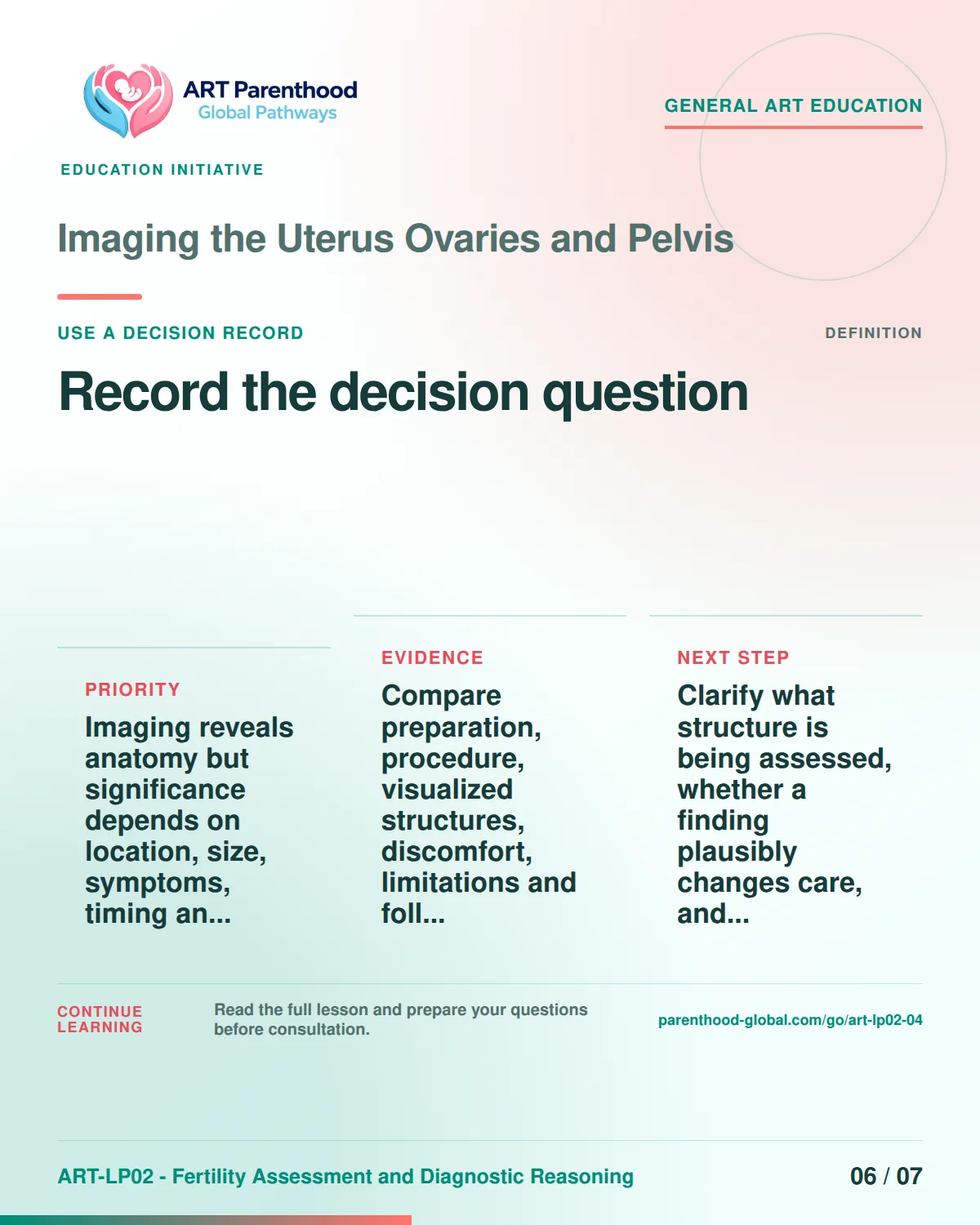 Slide 6 of ART-LP02-04 presents an accessible process map for imaging the uterus ovaries and pelvis and its decision boundaries.