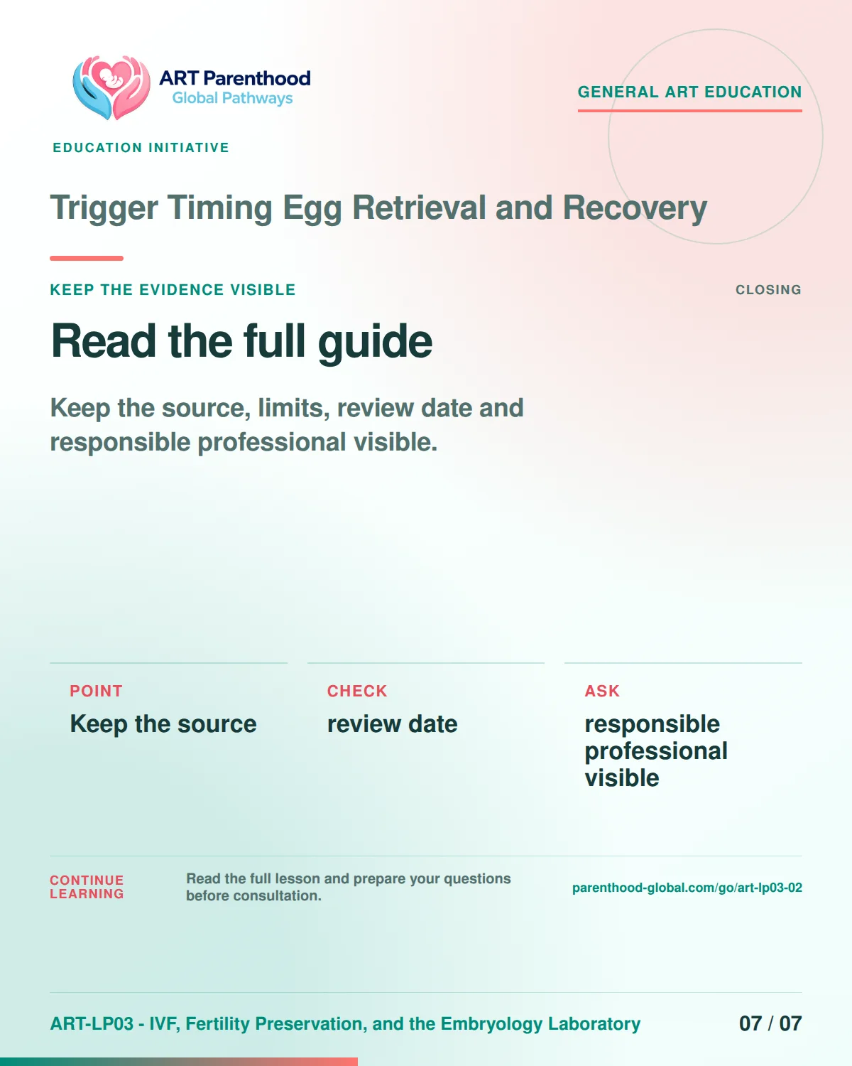 Slide 7 of ART-LP03-02 presents an accessible process map for trigger timing egg retrieval and recovery and its decision boundaries.