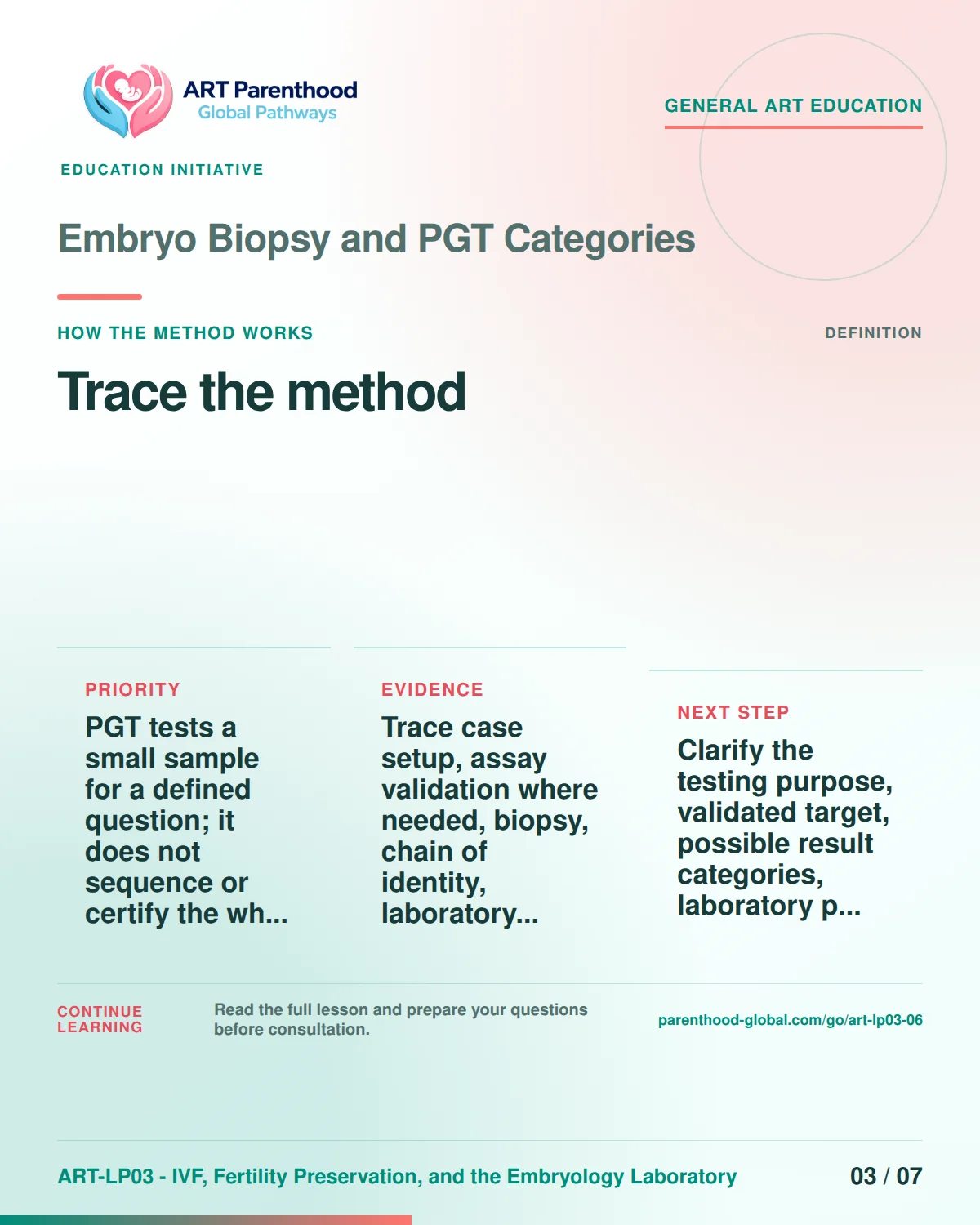 Slide 3 of ART-LP03-06 presents an accessible process map for embryo biopsy and pgt categories and its decision boundaries.