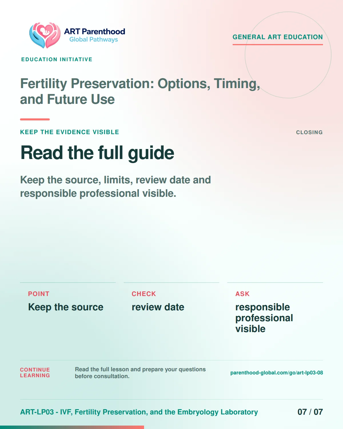 Slide 7 of ART-LP03-08 presents an accessible process map for fertility preservation: options, timing, and future use and its decision boundaries.
