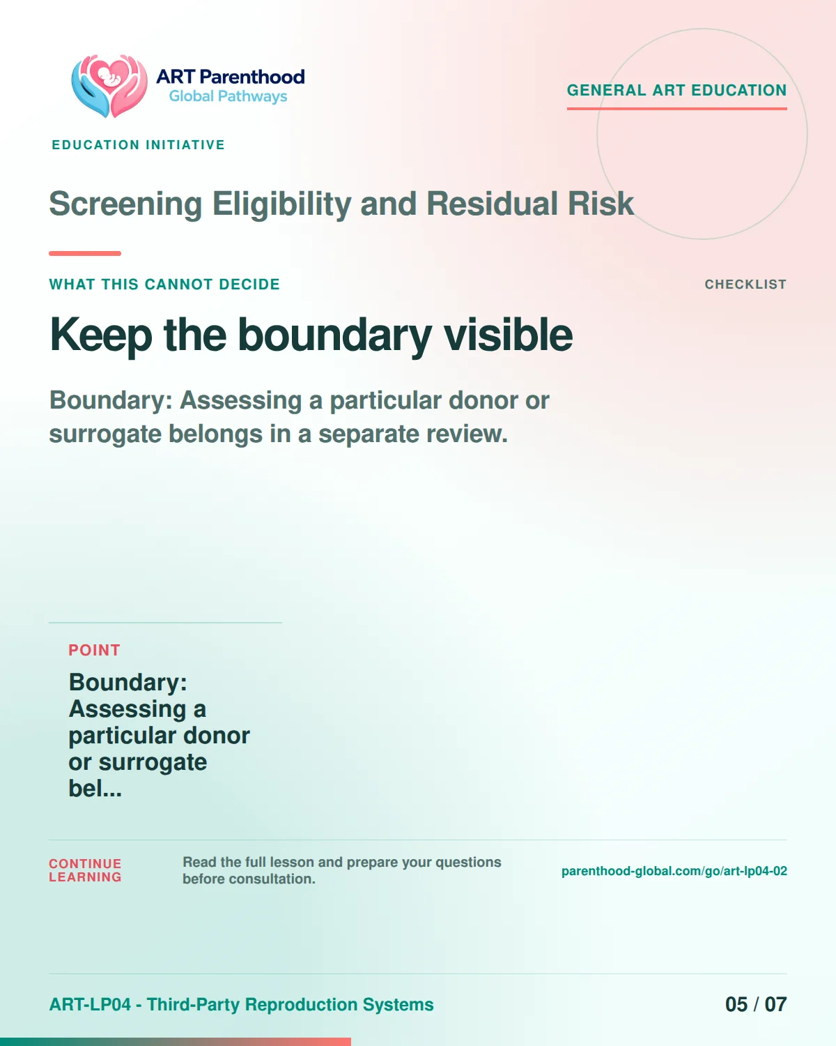 Slide 5 of ART-LP04-02 presents an accessible process map for screening eligibility and residual risk and its decision boundaries.