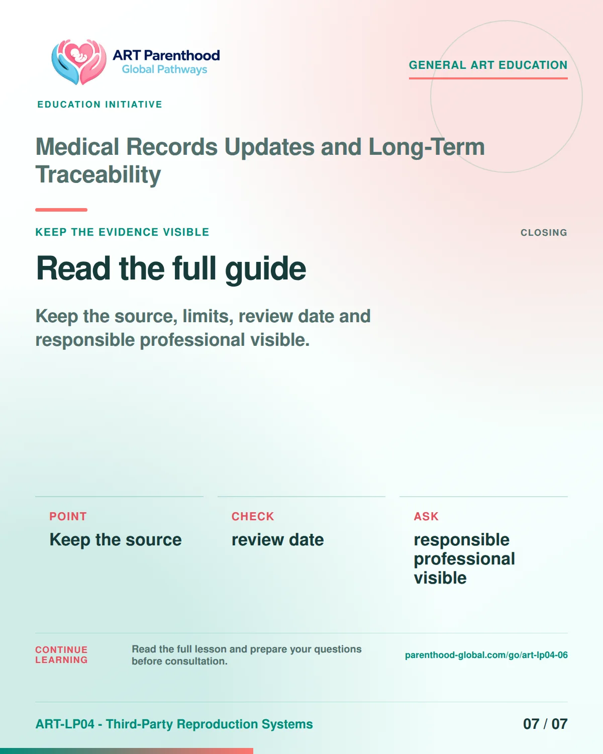 Slide 7 of ART-LP04-06 presents an accessible process map for medical records updates and long-term traceability and its decision boundaries.