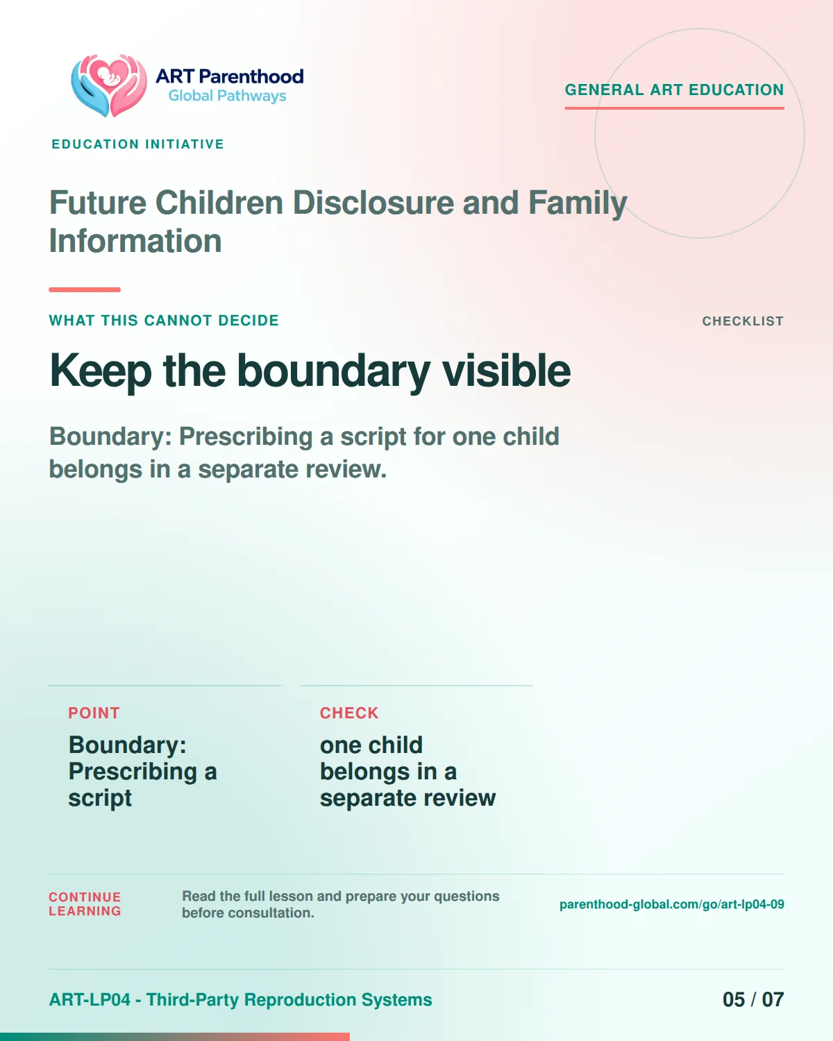 Slide 5 of ART-LP04-09 presents an accessible process map for future children disclosure and family information and its decision boundaries.