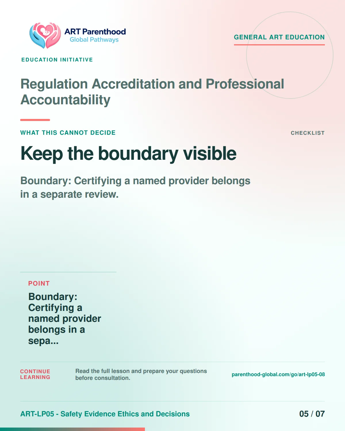 Slide 5 of ART-LP05-08 presents an accessible process map for regulation accreditation and professional accountability and its decision boundaries.