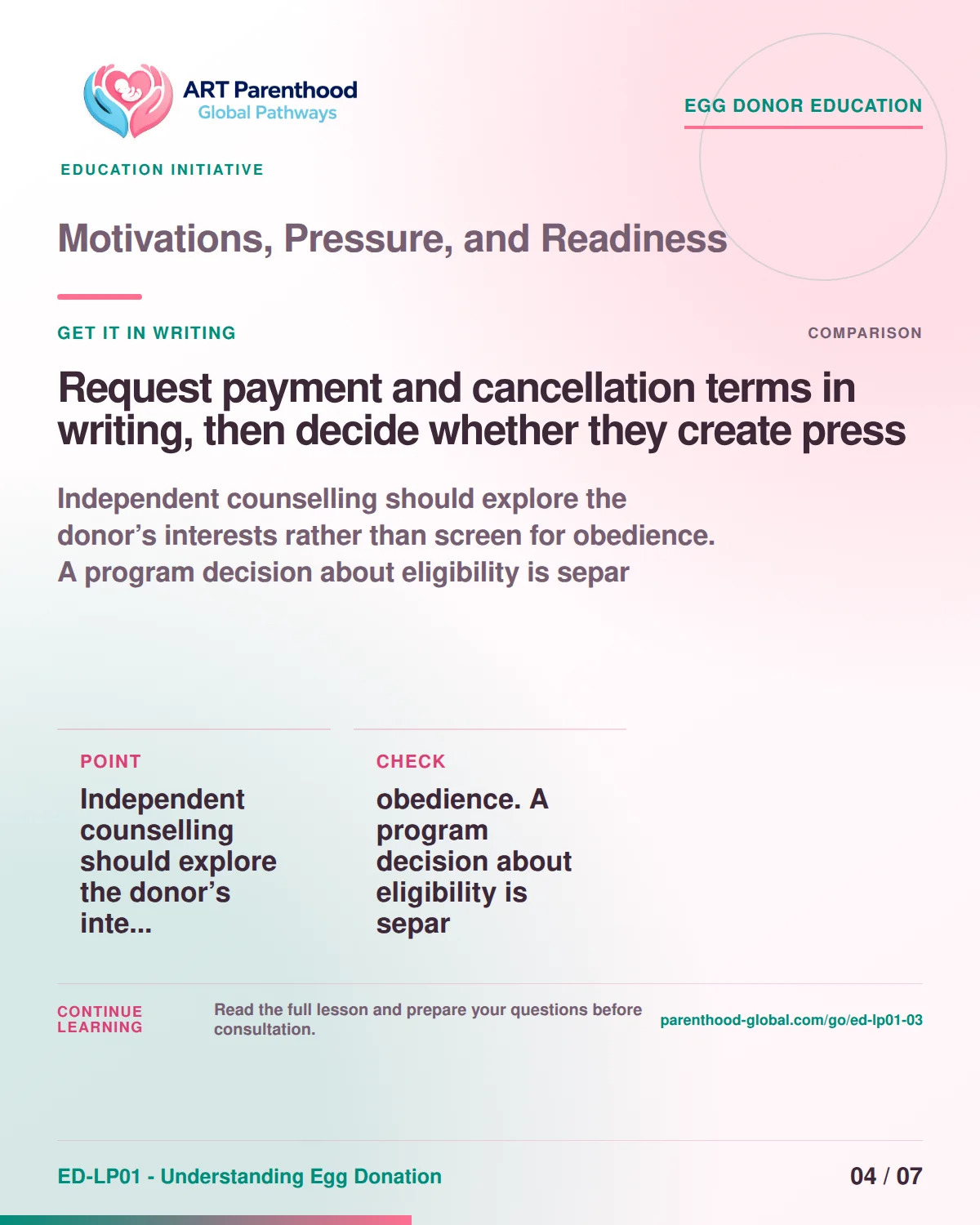 Slide 4 of ED-LP01-03, Get it in writing, showing a prospective egg donor using a calm decision and information process.