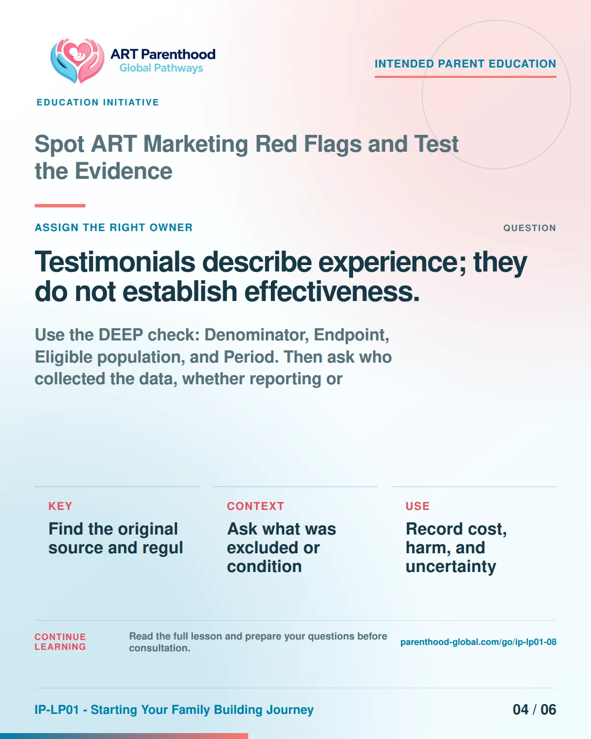 Slide 4 of six for Spot ART Marketing Red Flags and Test the Evidence: Testimonials describe experience; they do not establish effectiveness..