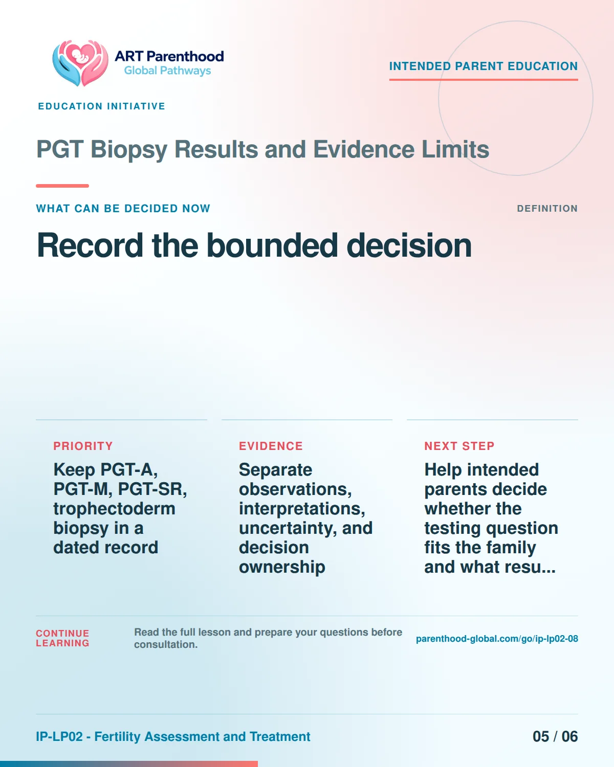 Slide 5 of six for intended parents about PGT Biopsy Results and Evidence Limits: Proceed, condition, pause, review, or stop.