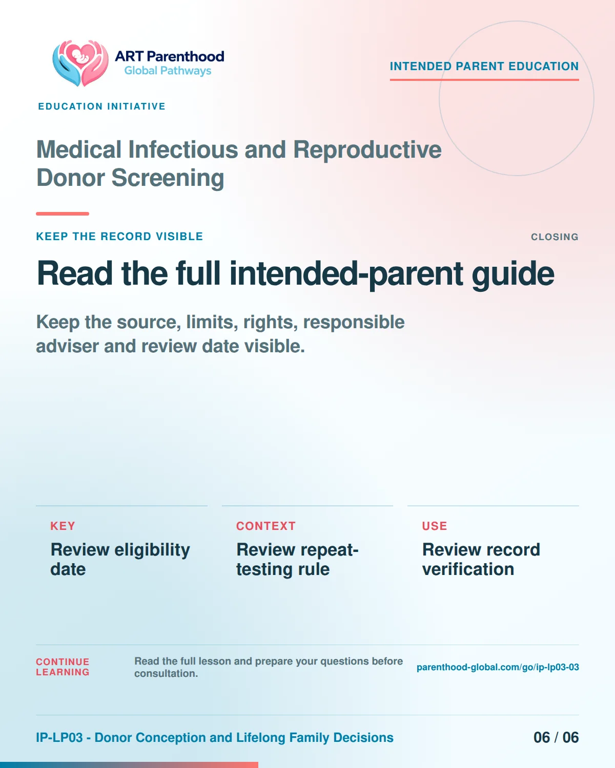 Slide 6 of six for intended parents about Medical Infectious and Reproductive Donor Screening: Save the record and unanswered questions.