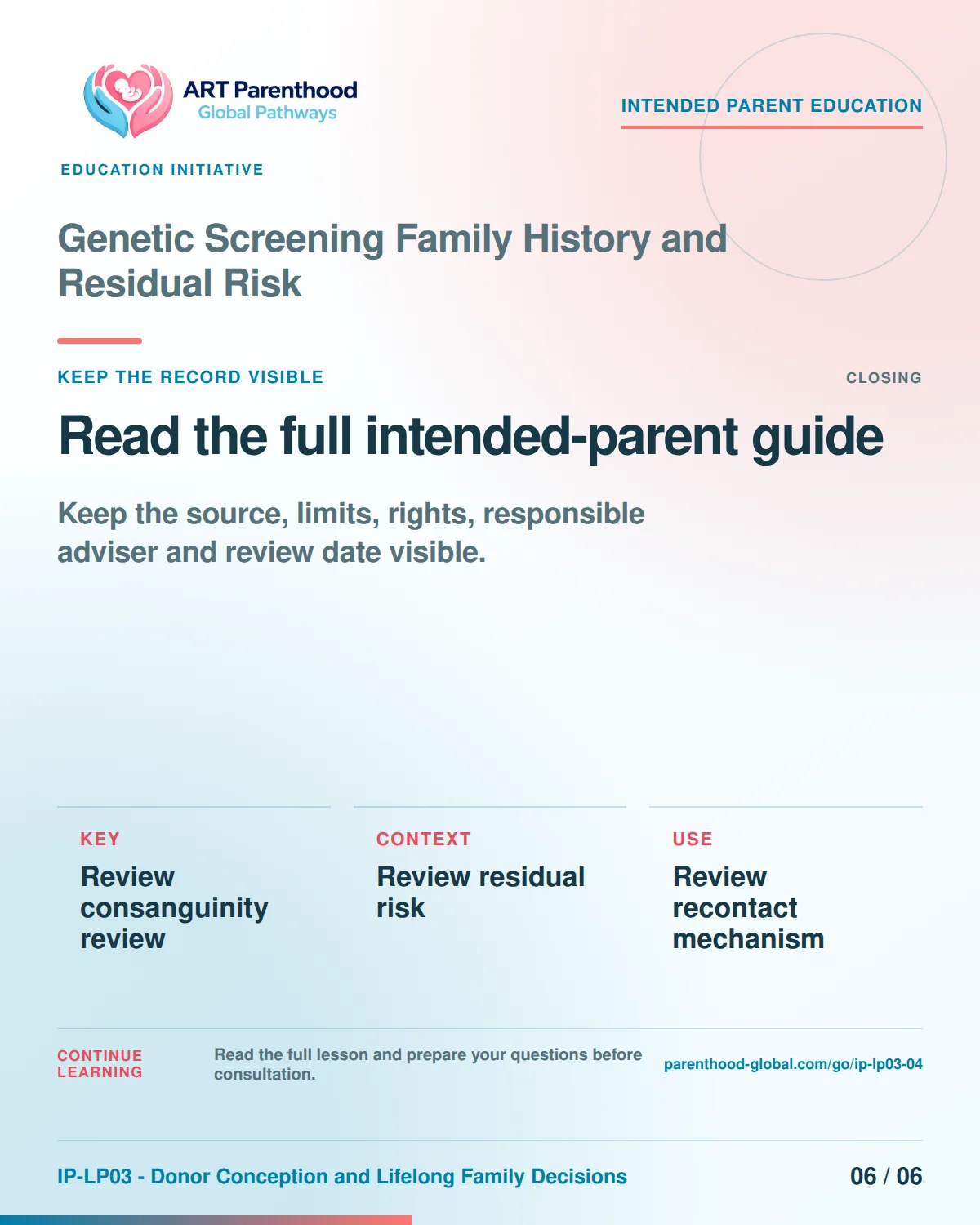 Slide 6 of six for intended parents about Genetic Screening Family History and Residual Risk: Save the record and unanswered questions.