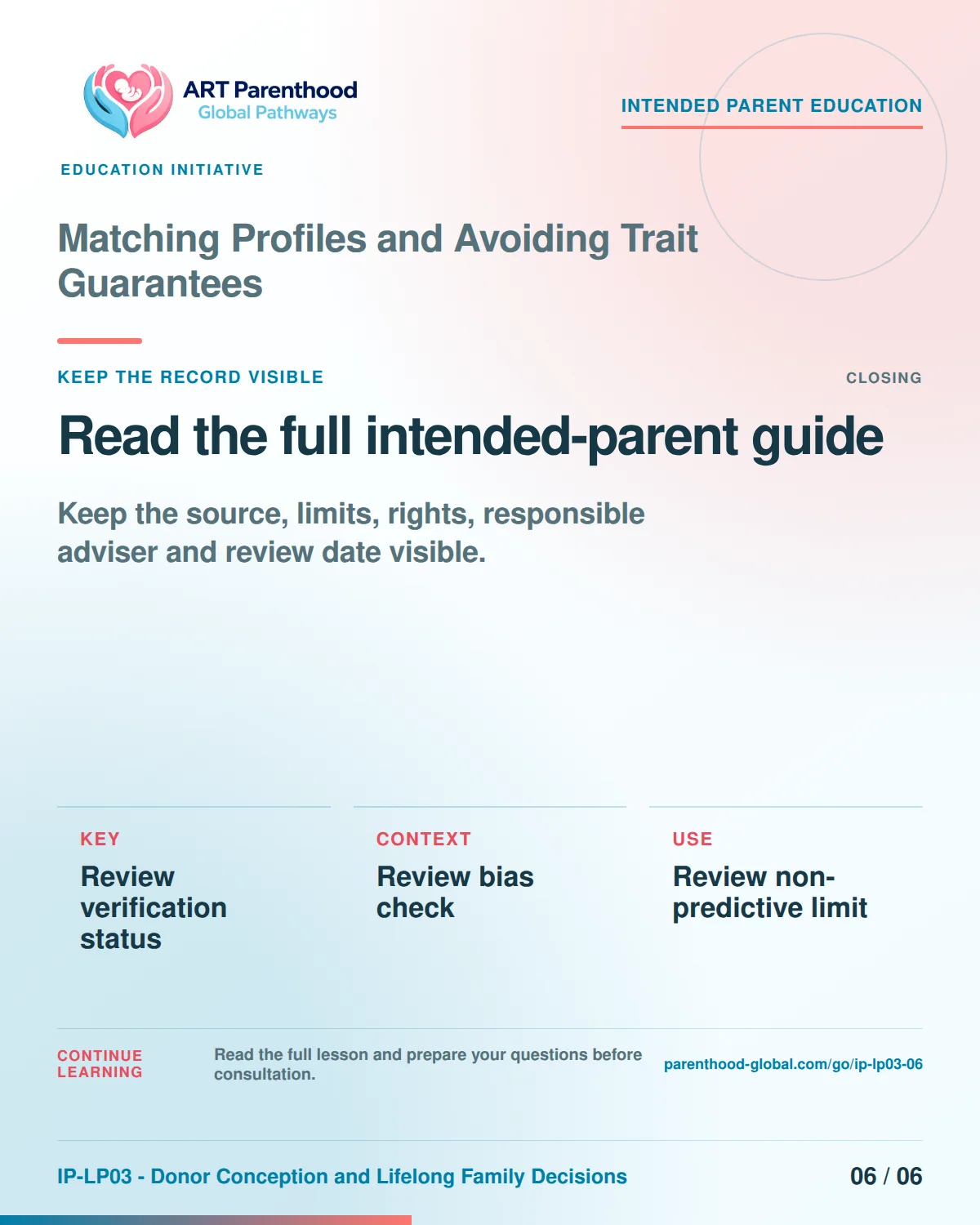 Slide 6 of six for intended parents about Matching Profiles and Avoiding Trait Guarantees: Save the record and unanswered questions.