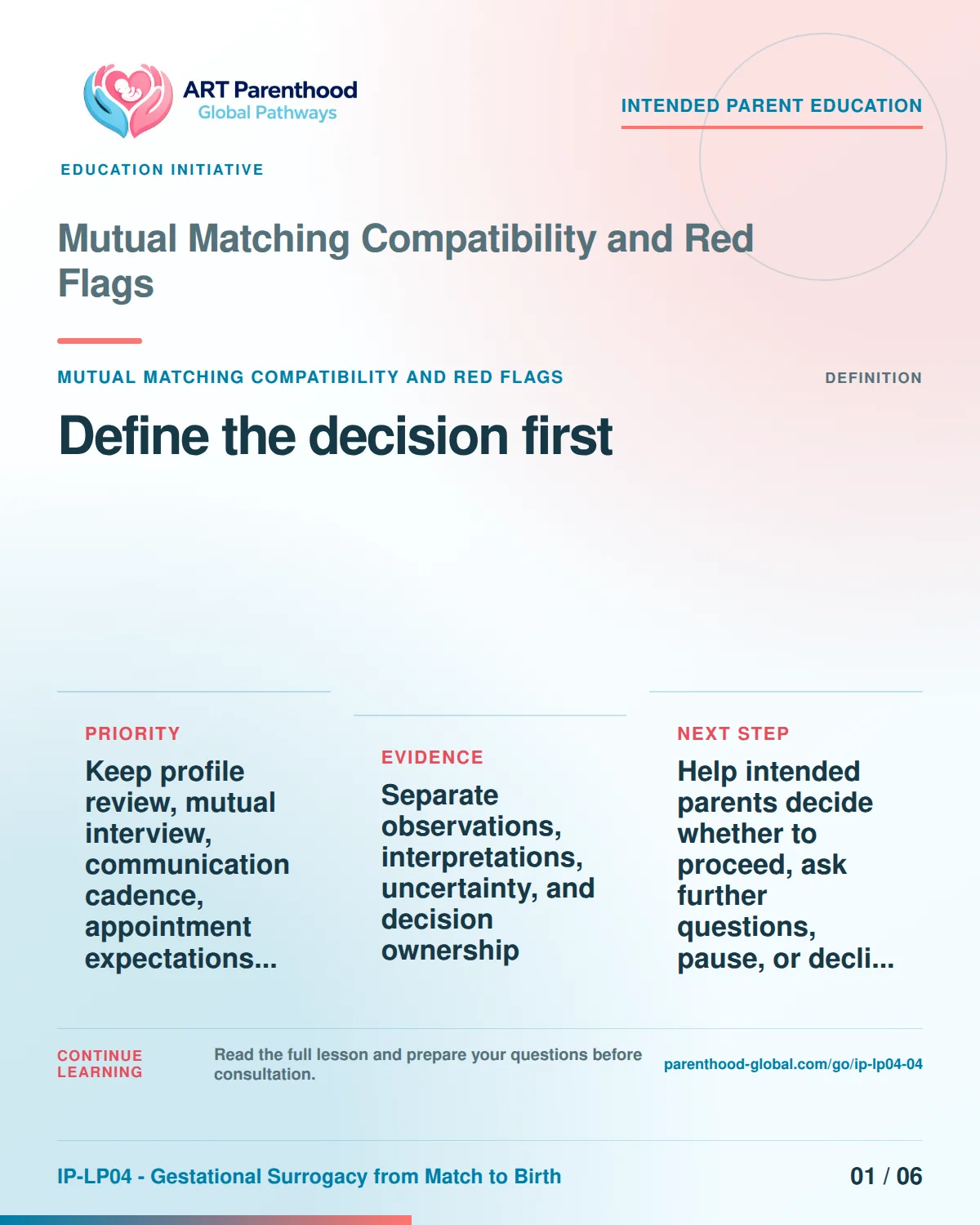 Slide 1 of six for intended parents about Mutual Matching Compatibility and Red Flags: Name the exact decision.
