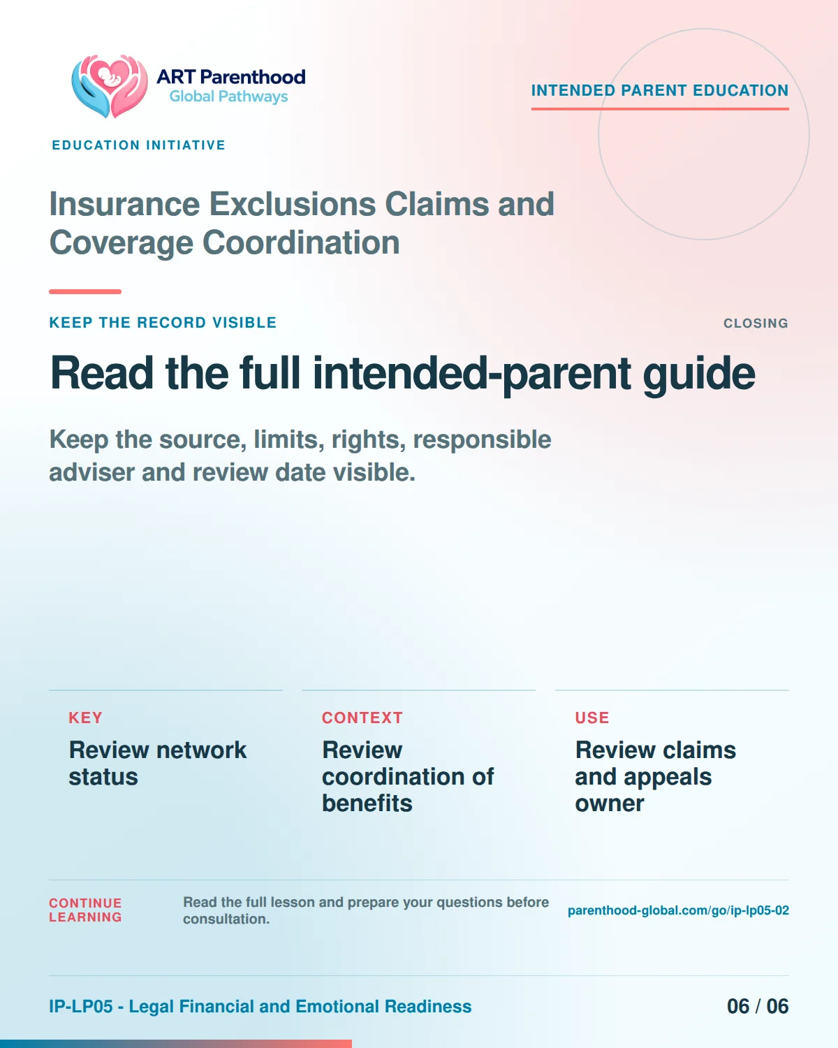 Slide 6 of six for intended parents about Insurance Exclusions Claims and Coverage Coordination: Save the record and unanswered questions.