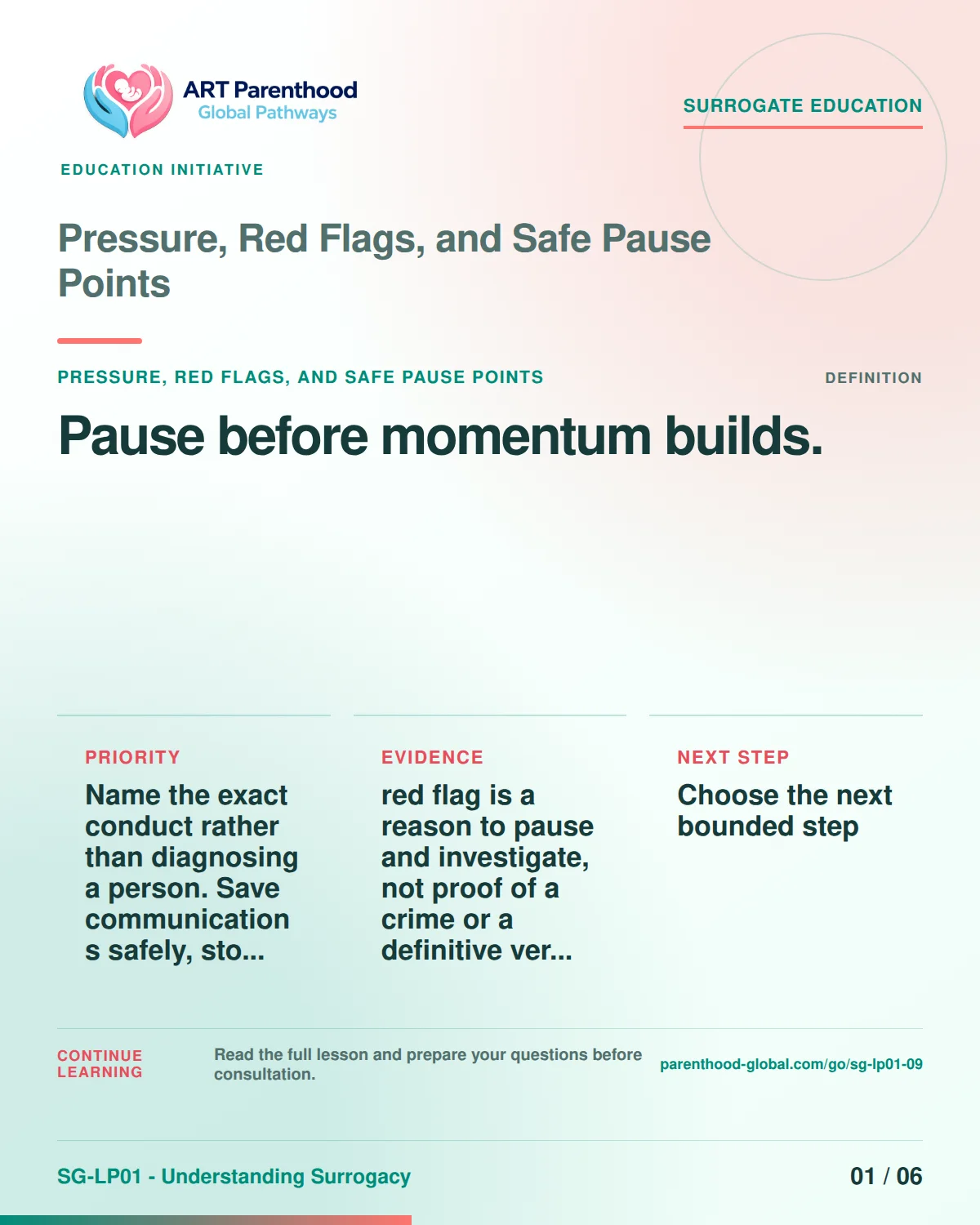 SG-LP01-09 carousel slide 1, Pause before momentum builds. The visual uses a calm planning motif and does not imply a guaranteed pregnancy or family outcome.