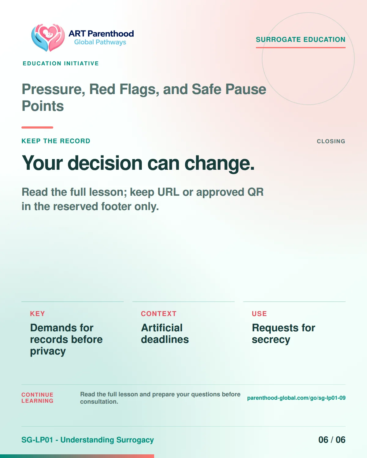 SG-LP01-09 carousel slide 6, Your decision can change. The visual uses a calm planning motif and does not imply a guaranteed pregnancy or family outcome.