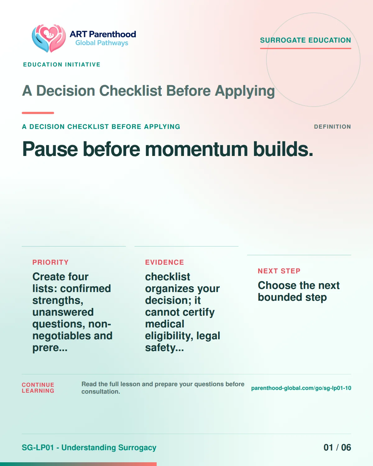 SG-LP01-10 carousel slide 1, Pause before momentum builds. The visual uses a calm planning motif and does not imply a guaranteed pregnancy or family outcome.