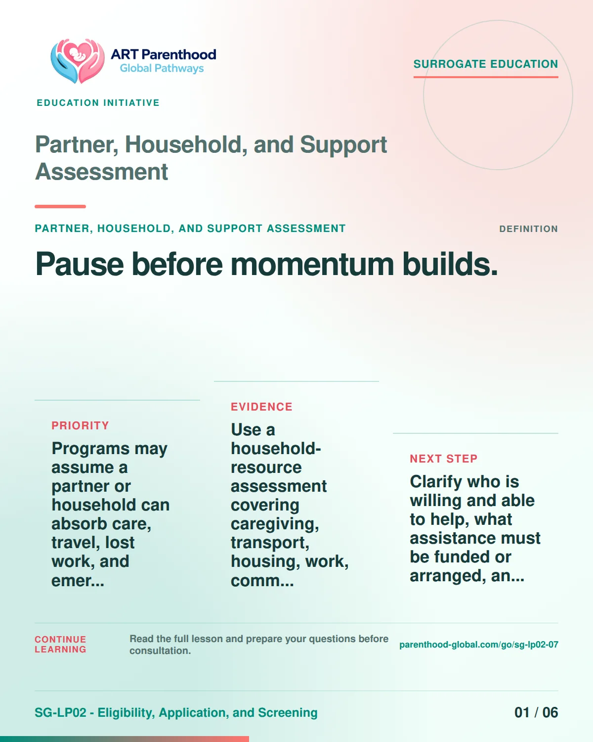 SG-LP02-07 carousel slide 1: Pause before momentum builds. A calm planning visual supports surrogate autonomy without implying eligibility, pregnancy or a guaranteed outcome.