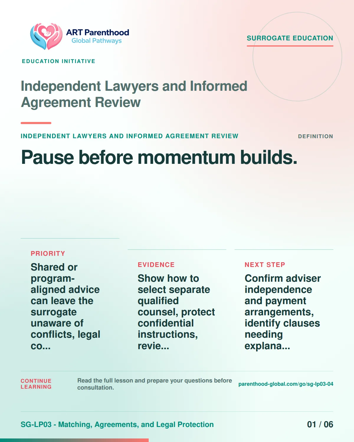 SG-LP03-04 carousel slide 1: Pause before momentum builds. A calm planning visual supports surrogate autonomy without implying eligibility, pregnancy or a guaranteed outcome.