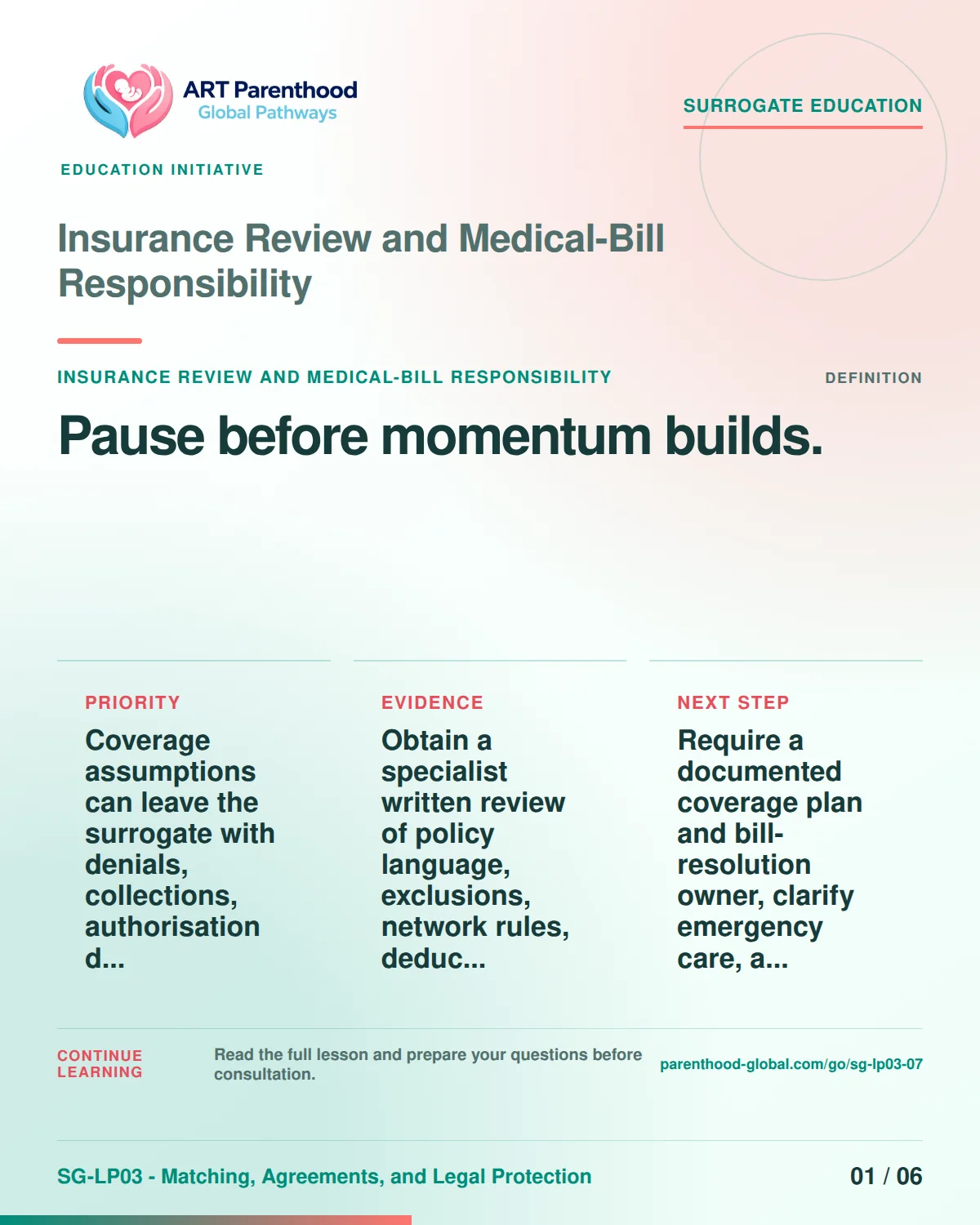 SG-LP03-07 carousel slide 1: Pause before momentum builds. A calm planning visual supports surrogate autonomy without implying eligibility, pregnancy or a guaranteed outcome.
