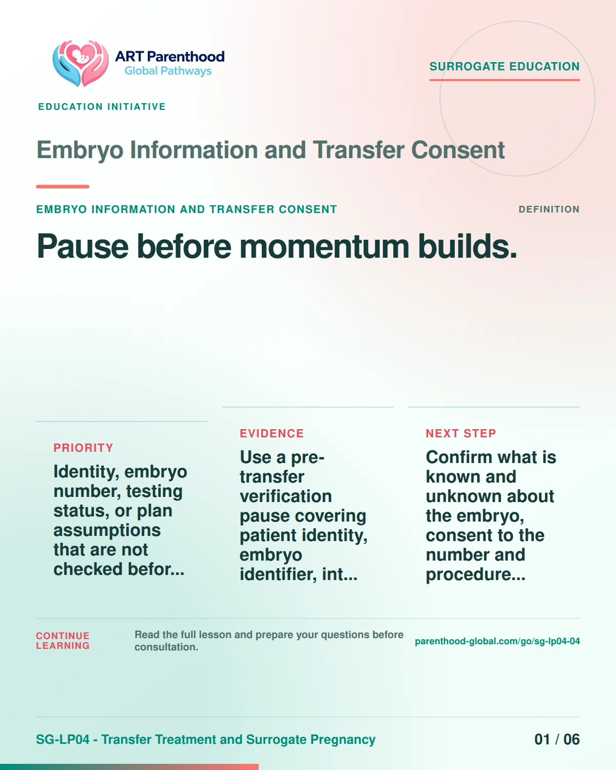SG-LP04-04 carousel slide 1: Pause before momentum builds. A calm planning visual supports surrogate autonomy without implying eligibility, pregnancy or a guaranteed outcome.