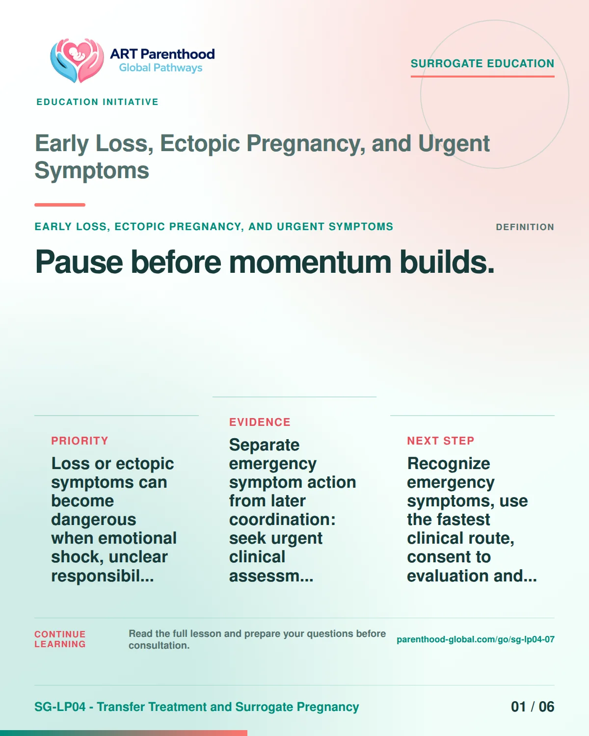 SG-LP04-07 carousel slide 1: Pause before momentum builds. A calm planning visual supports surrogate autonomy without implying eligibility, pregnancy or a guaranteed outcome.