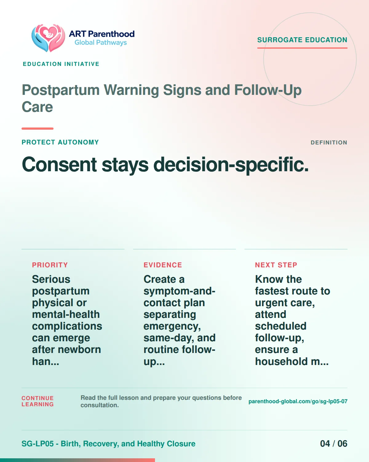 SG-LP05-07 carousel slide 4: Consent stays decision-specific. A calm planning visual supports surrogate autonomy without implying eligibility, pregnancy or a guaranteed outcome.