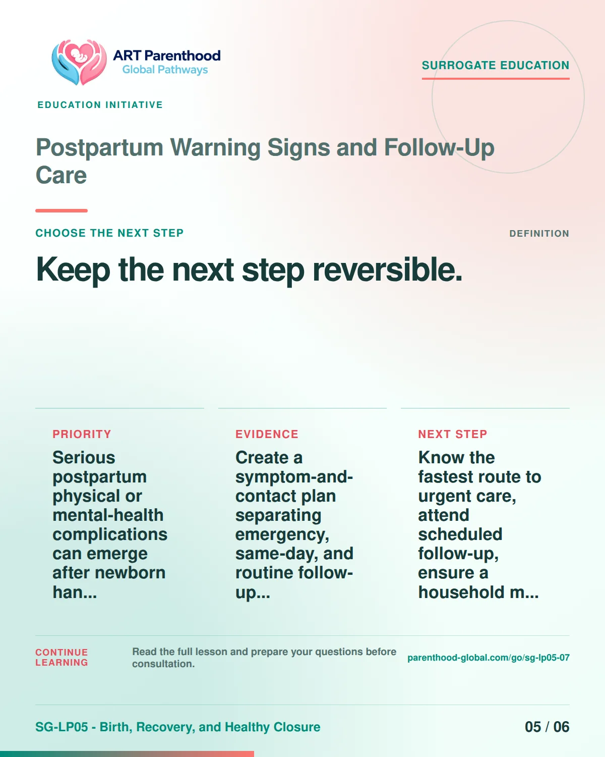 SG-LP05-07 carousel slide 5: Keep the next step reversible. A calm planning visual supports surrogate autonomy without implying eligibility, pregnancy or a guaranteed outcome.